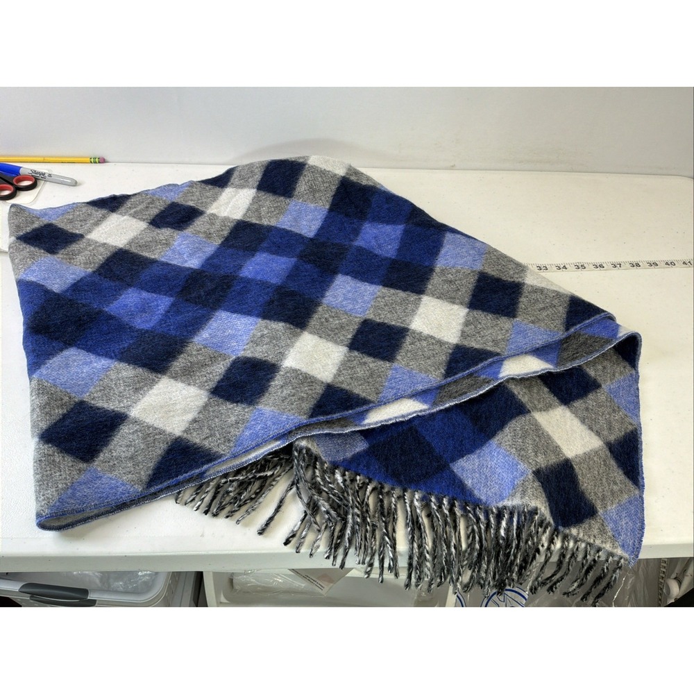 Talbots 100% Cashmere Scarf Blue Gray geometric NEW 76"x18.5" Soft Fringe